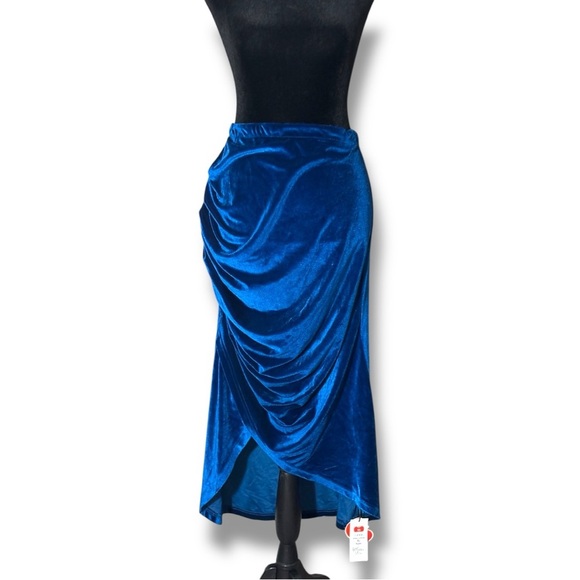 Cider NWT Elegant Royal Blue Asymmetrical Elastic Waist Velvet Midi Skirt - Picture 2 of 15